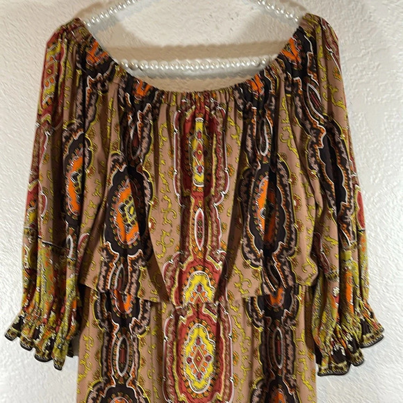 Boston Proper Muse Size 4 Brown Yellow Jersey Off The Shoulder Dress - Picture 6 of 10